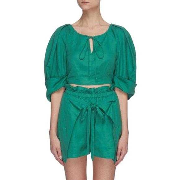 Cult Gaia Johanna' Puff Sleeve Crop Linen Top In Green Size XS - Picture 1 of 11